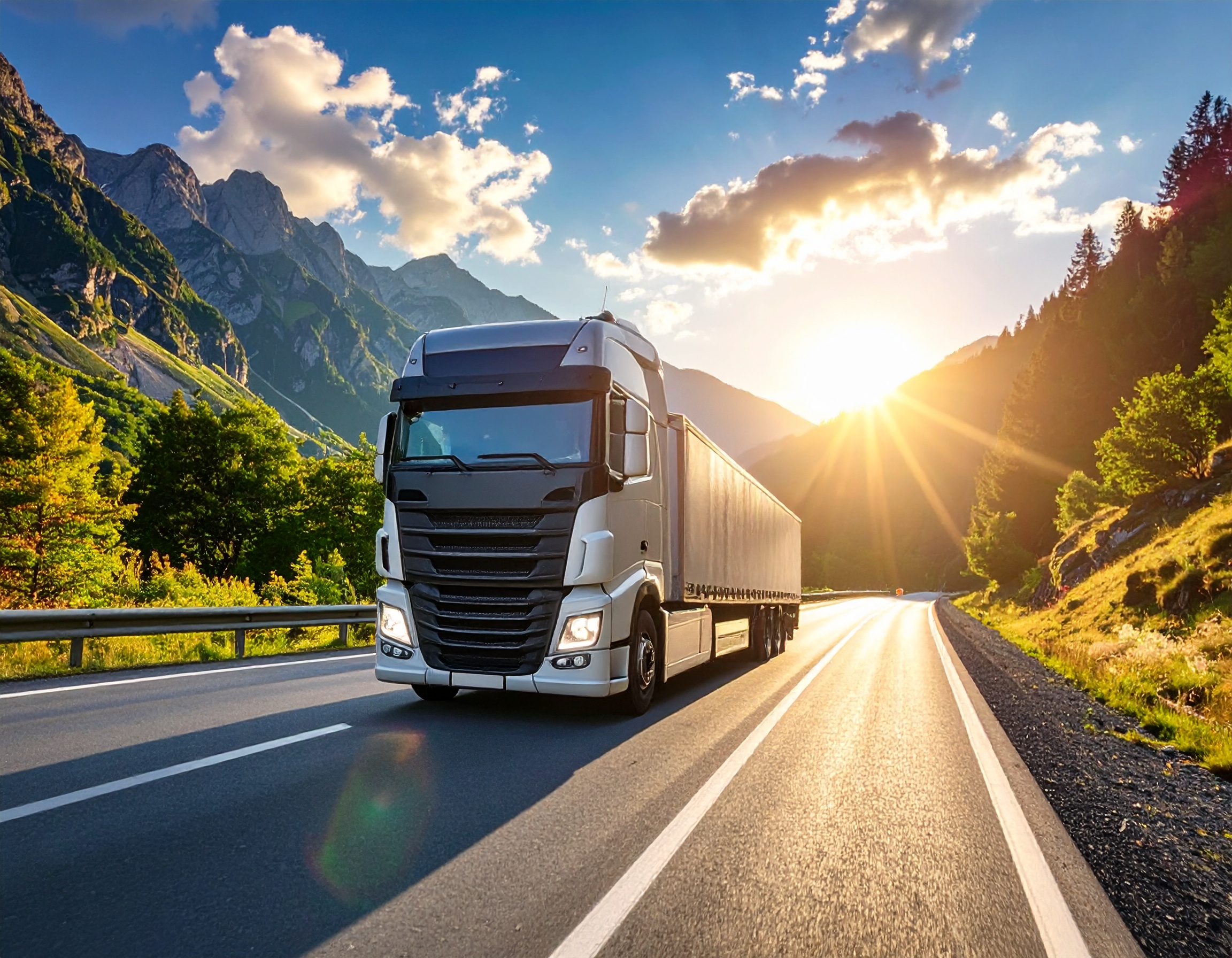 firefly create a image of truck and trailer running on mountain roads 709399